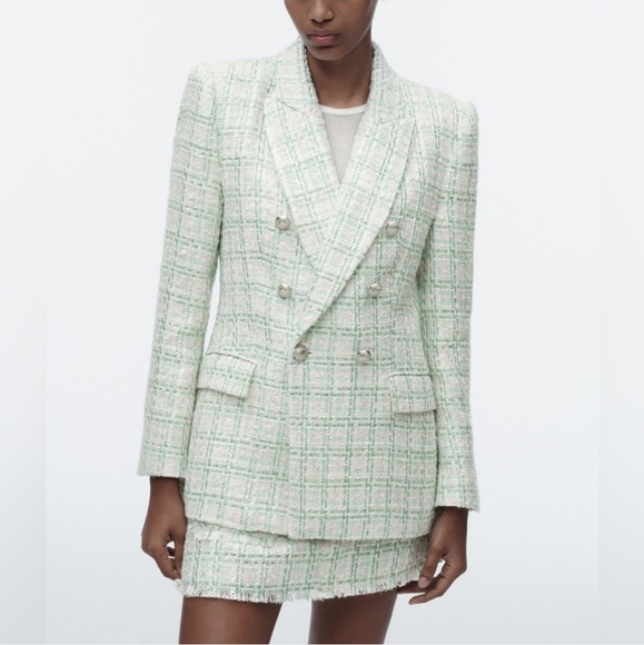 ZARA Set Double Breasted Textured Weave Tweed Jacket and Skort - Picture 8 of 15